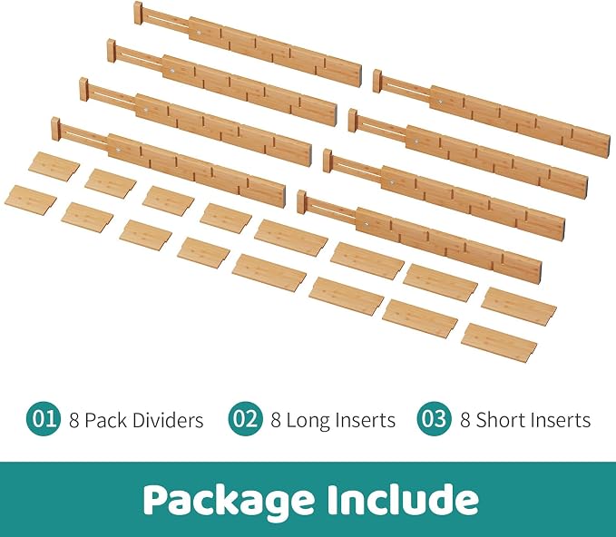 8 Pack Kitchen Drawer Dividers with Inserts, Bamboo Adjustable Drawer Organizers, Expandable Organization for Home, Dressers, 8 Dividers with 16 Inserts - Image 3