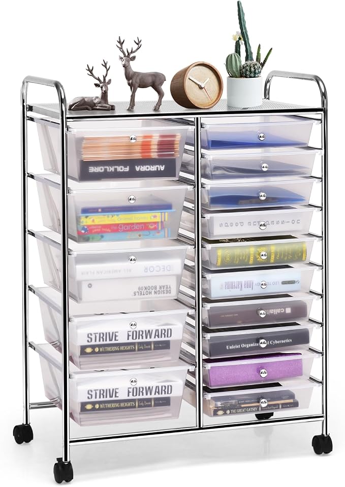 DREAMADE Rolling Cart with 15 Drawers, Clear Plastic Drawer Organizer w/Lockable Wheels, Removable & 2-Sized Storage Drawers, Art Cart for School Home Art Supplies Crafts File Scrapbook (Transparent) by DREAMADE