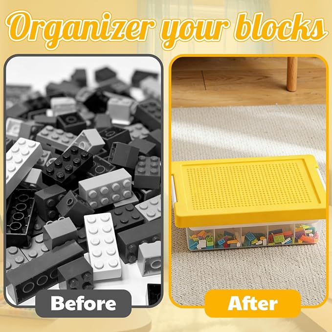 Building Block Organizer Bin, Building Baseplate Lid | Double Layer Plastic Brick Storage Box, Stackable Art Crafts Container with Removable Divided Tray for Home, Office, Yellow - Image 4