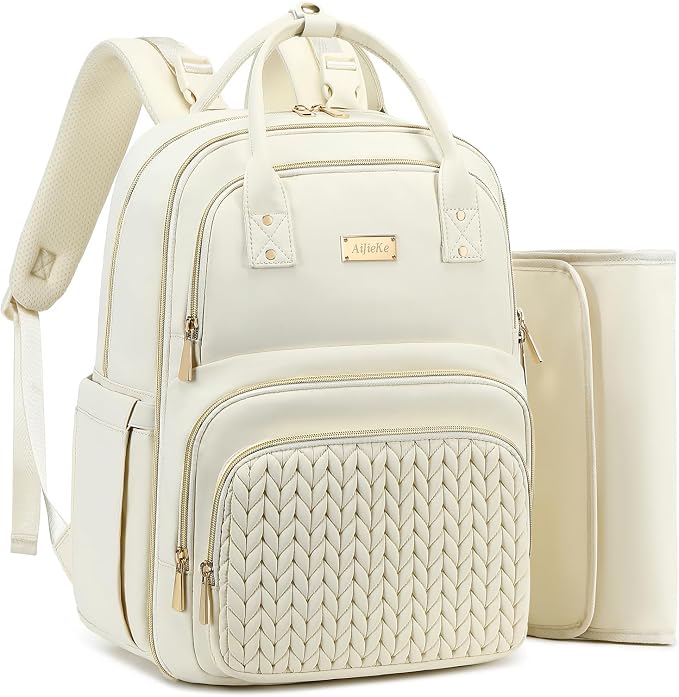 AIJIEKE Diaper Bag Backpack, Large Multi-functional Diaper Backpack, Beige | Waterproof lightweight baby backpack. With changing pad, stroller straps, insulated & wet/dry pockets. Mom & dad essential by AIJIEKEDirect