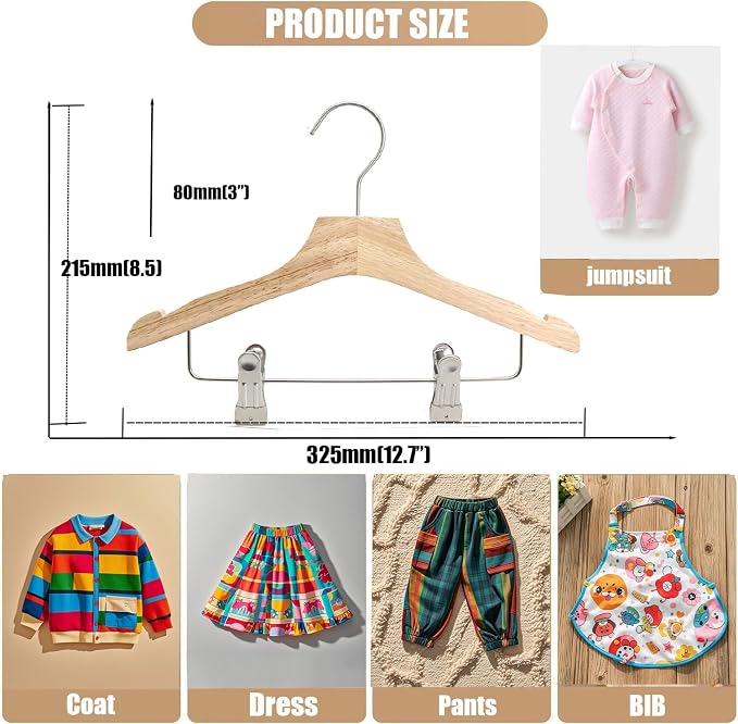 Natural 12.7" Ultra-Thin Wooden Children Closet Clothes Clips Hangers 20PCS Wood Baby Kids Coat Hangers for Infant Toddler Newborn Jumpsuit Pants Skirts Jeans Space Saving Heavy Duty Durable - Image 6