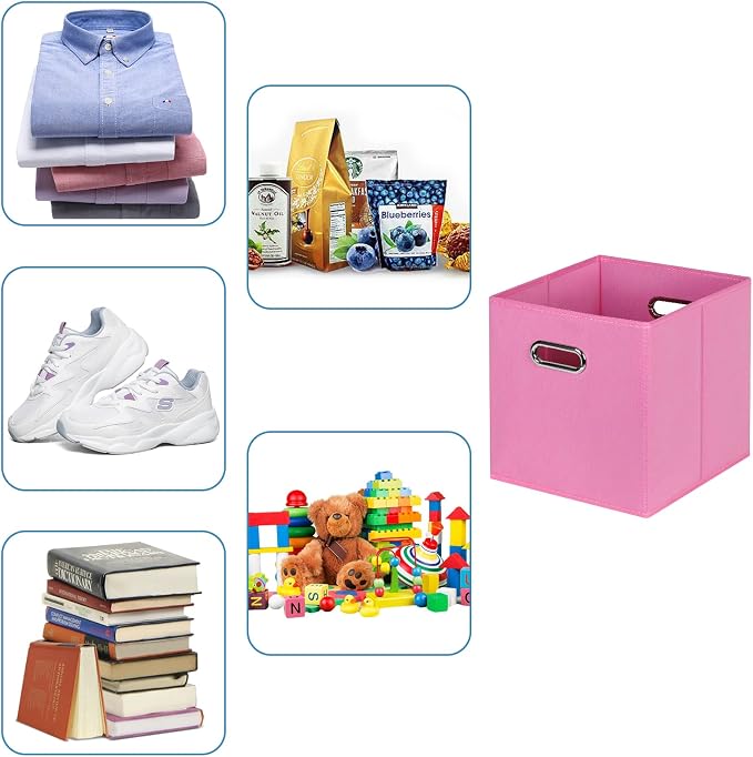 Black Fabric Cubby Storage Bins,13x13x13 Inches ,Cube Organizer Bin Foldable Storage Boxes with Dual Handles Fabric Organizer Box and collapsible Storage basket,Set of 6,Pink - Image 3