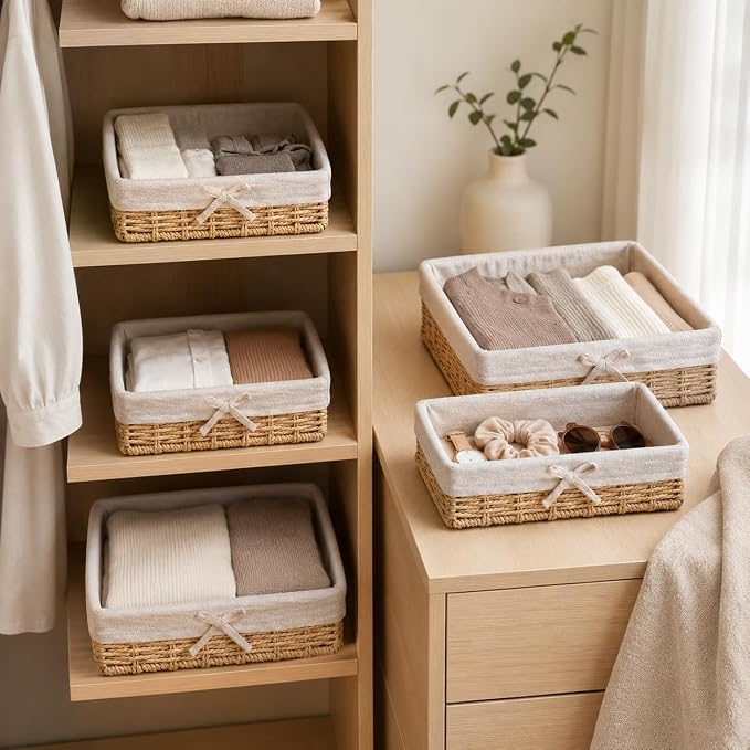 Baskets for Shelves Set of 4, Woven Paper Rope Storage, Khaki | Shallow Nesting Organizer Baskets with Removable Linen Liner, Pantry Bathroom Closet Cabinet Bookshelf storage, 9.8in-15.7in - Image 8
