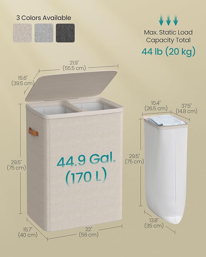 SONGMICS Laundry Basket, 44.9 Gal. Laundry Hamper, 2 Compartments, Easy Assembly, with Lid and Handles, Removable Liners, 22 x 15.7 x 29.5 Inches, Cappuccino Beige ULCB813L01 - Image 5