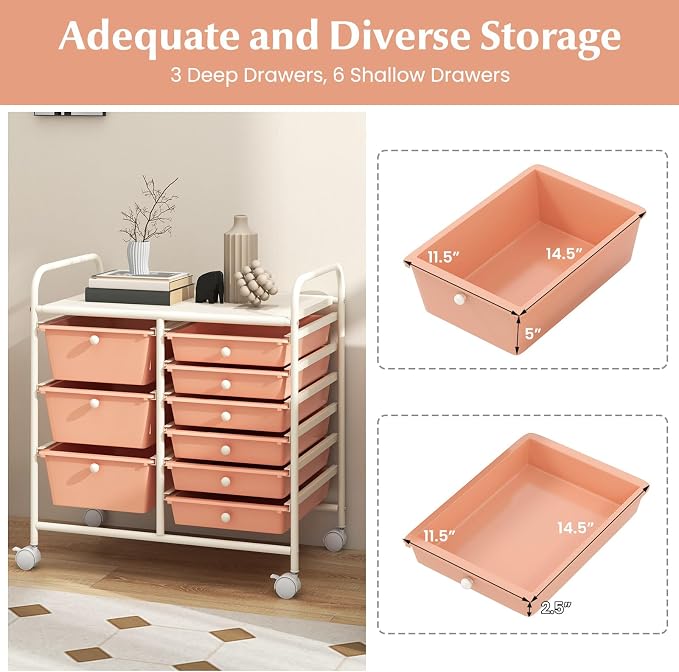 RELAX4LIFE 9 Drawer Rolling Storage Cart - Mobile Drawer Carts for Craft Art Supply Paper Salon, Utility Cart on Wheels for Classroom Teacher School Office, Rolling Cart with Drawers (Pink) - Image 4
