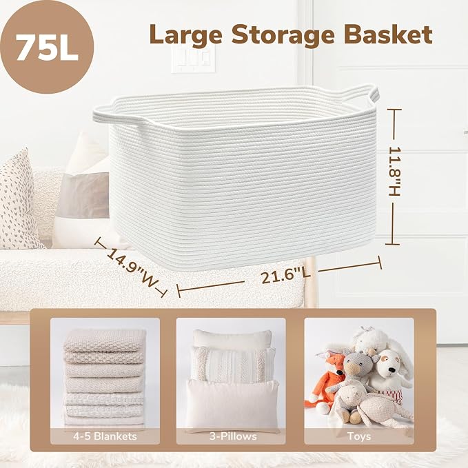 Goodpick Large Woven Rope Blanket Basket, Rectangle, White, 75L | 21.6'' x 14.9'' x 11.8'' Storage Basket for Blankets & Toys, Living Room, Bedroom & Nursery Organization, Reinforced Handles - Image 3