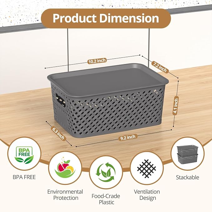 Plastic Storage Bins with Lids, Stackable Small Box Basket for Organizing and Containers for Shelves Drawers Desktop Closet Playroom Pantry Classroom Office Home, 8-pack 10.2x7.2x4.1 Inch, Gray - Image 2
