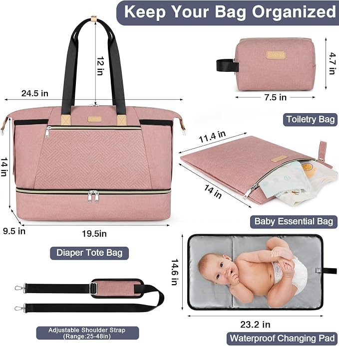 Diaper Bag Tote for Baby 7PCS, Large Mommy Bag with Portable Changing Pad | Multifunctional Hospital Bags for Labor and Delivery with Pacifier Case and Organizer Pouches,Travel Baby Bag for Boy Girl - Image 4