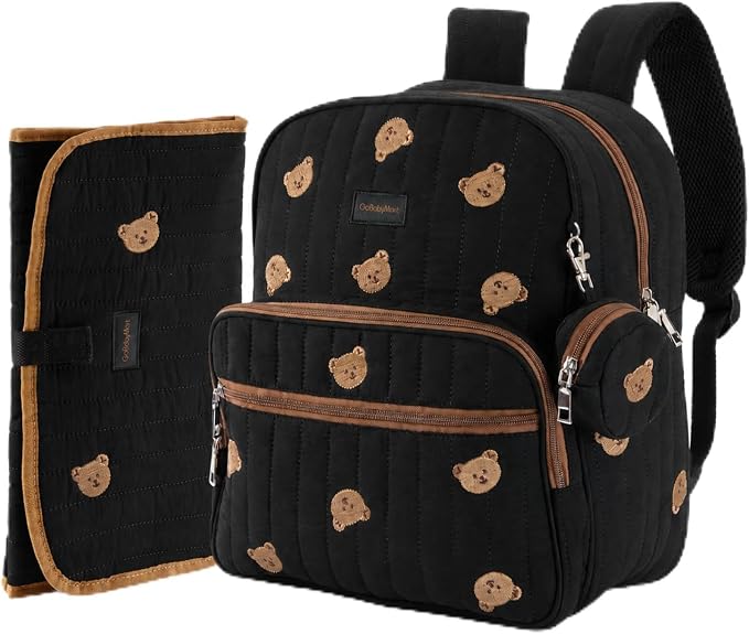 Large Diaper Bag Backpack with Changing Pad, Insulated Bottle Pockets, Travel & Hospital Bag for Mom & Dad (Small - Black Bears) by GoBabyMart
