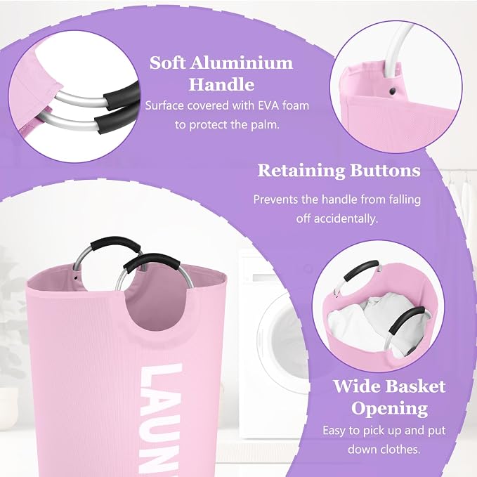 125L Pink Laundry Basket, Extra Large Clothes Basket with Handles, Waterproof Dirty Clothes Hamper, Collapsible Laundry Bin Stand Upright, Sturdy Storage Basket for Bathroom, Flat, Pink - Image 4