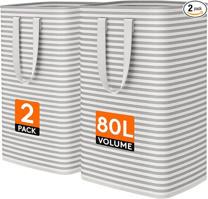 Lifewit 2 Pack Laundry Basket 80L Each, Collapsible Clothes Hamper with Reinforced Handles, Freestanding Waterproof Design for Bedroom and Laundry Room, Grey 160L Total by Lifewit
