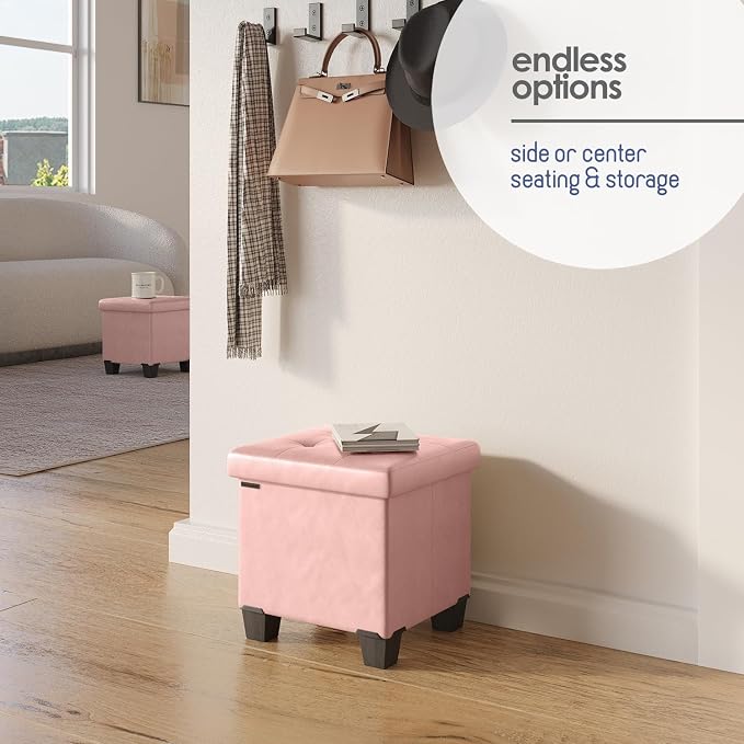 Storage Ottoman Cube with Small Bin, 15-in Square Ottoman with Storage for Living Room and Bedroom, Small Ottomans Foot Rest, Leather Foot Stools Ottomans Max 330lbs, Pink - Image 6
