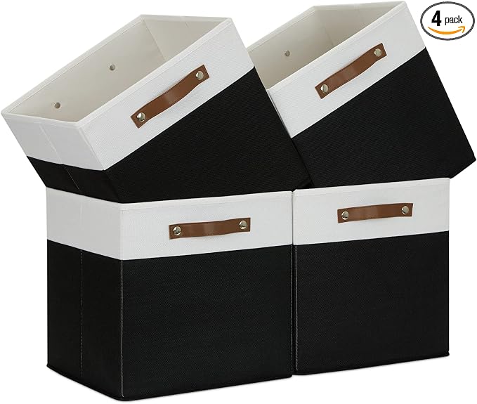 Temary Fabric Storage Bin 4 Pack Cube Storage Bin for Shelf Fabric Cube Storage Basket 13 Inch Cube Storage Bins Foldable Storage Cubes with Leather Handles(White&Black) by TEMARY