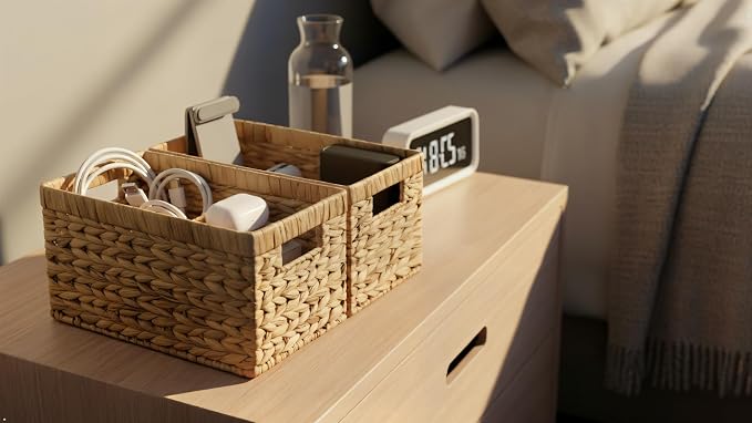 Water Hyacinth Storage Baskets Set of 2 - Medium Decorative Wicker Baskets for Organizing Shelves, Rectangular Woven Storage Bins with Handles for Pantry, Bathroom, Living Room 13"x9"x7" - Image 10