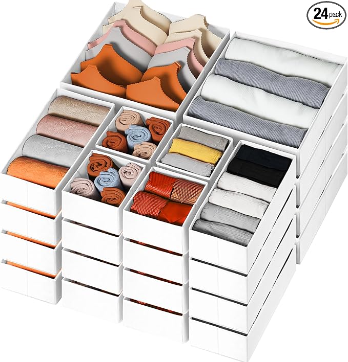 Drawer Organizer Clothes, 24 Pack Dresser Organizer Bins for Nursery Bedroom, Closet Organization and Storage Dividers for Clothing, Baby Clothes, Underwears, Socks (White) by Criusia