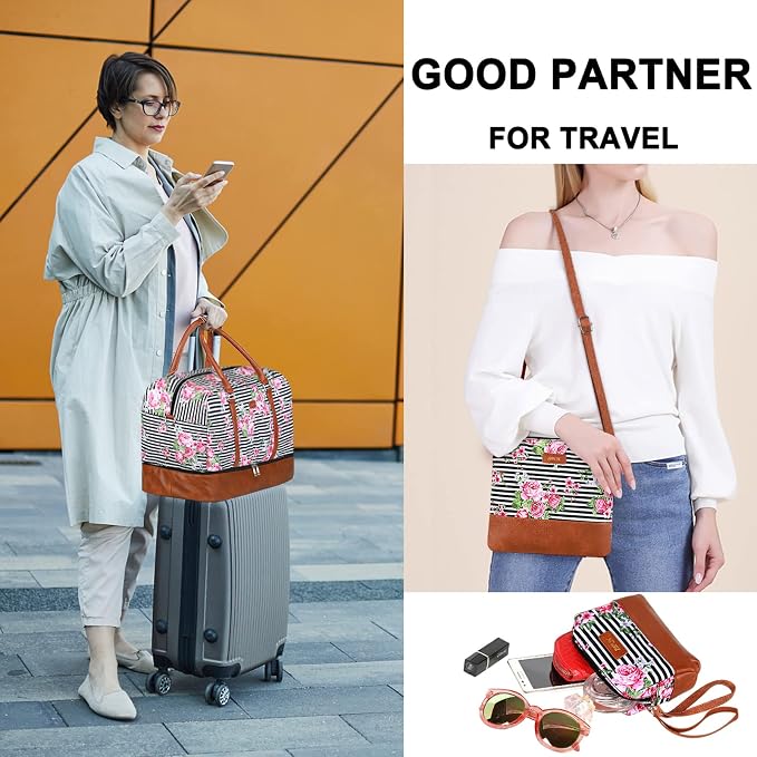 Weekender Bags for Women, 21" Travel Duffle Bag with Shoe Compartment | 3PCS Carry On Overnight Large Duffel Bag with Crossbody Bag and Toiletry Bag for Weekend Travel Gym Hospital Business Trip - Image 3