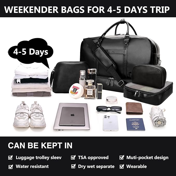 Large 4-in-1 Leather Duffle Bag for Travel Weekender Overnight Hospital Gym Bag for Men & Women, Carry On Airline Approved Personal Item Duffel Garment Bag Luggage with Shoe Compartment & Toiletry Bag - Image 7