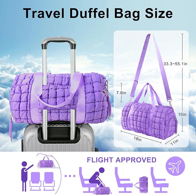 Quilted Travel Duffle Bag Gym Bag for Women,Large Puffer Duffle Weekender Bag with Compartment,Workout Overnight Carry on Organizer Bag Duffle Bag for Airplane Travel(Purple) - Image 2