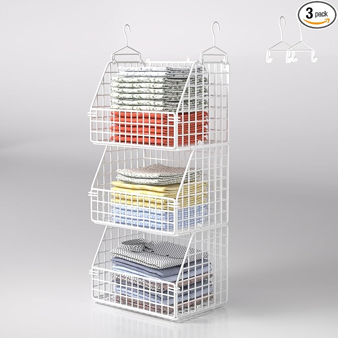 PUPPYCUTE Hanging Closet Organizer and Storage, Clothes Hanging Shelves Wire Baskets for Clothing Sweaters Purse Handbags Shoes White 3 Tier by PUPPYCUTE