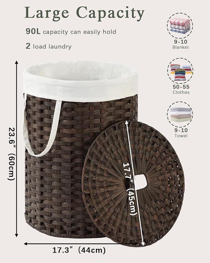 SETVSON Laundry Hamper with Lid 23.8 Gal (90 L) PE Rattan, Brown | Family Clothes & Blanket Trunk with Lid, Removable Liner Bag with Handles, 2 Mesh Wash Bags, Collapsible Steel Frame - Image 2