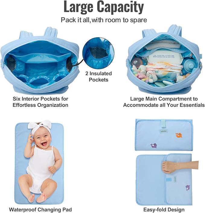 Diaper Bag Backpack with Changing Pad - Travel Baby Bag, Insulated Bottle Pockets, Stroller Straps (Medium - Blue Sharks) - Image 4