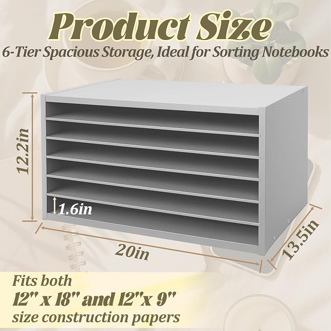 Construction Paper Organizer 20" x 13.5" x12.2",Soild Wooden Paper Organizer with 6-Tier Letter Trays, Desktop File Papers Sorter for Home, Classroom and Office (Gray) - Image 2