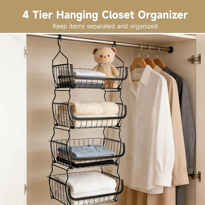 4 Tier Hanging Closet Organizer, 36.2 x 15 x 11 in Carbon Metal Hanging Storage Basket, Rustproof Heavy Duty Closet Wire Storage Shelf for Closet, Laundry, Dorm - Image 4