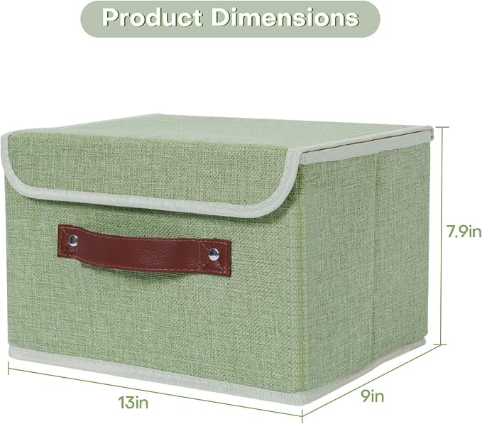 ANMINY Fabric Storage Box Bins with Lids, Green, 13"x9"x7.9" | Keepsake Memory Storage, Cotton Linen, PP Board Reinforced, Washable, PU Handles, Foldable & Stackable, Decorative, Medium - Image 5