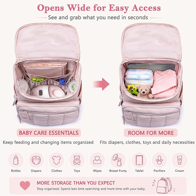Puffy Diaper Bag Backpack for Mom, Lightweight Quilted Baby Bag with Waterproof Changing Pad, Large Travel Diaper Backpack with Insulated Bottle Pockets, Wipes Pocket, Stroller Straps - Image 3