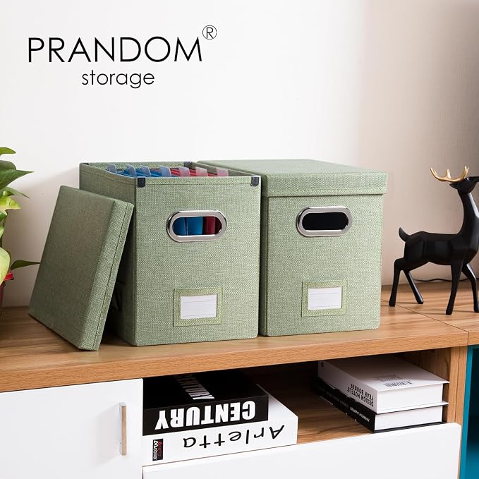 File Organizer Box - Set of 1 Collapsible Decorative Linen Filing Storage Hanging File Folders with Lids Office Cabinet Letter Size Green (14x9.3x10.8 inch) - Image 2