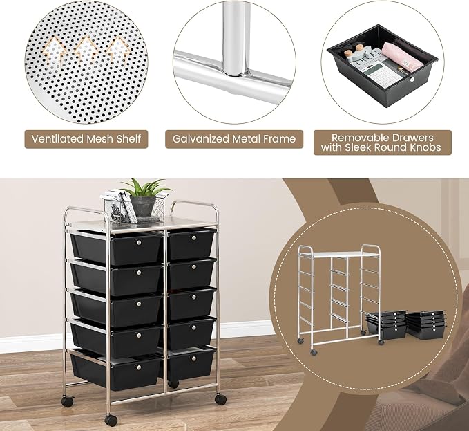 RELAX4LIFE Rolling Storage Cart with 10 Drawers - Craft Storage Cart with Lockable Wheels,Utility Cart, Art Cart Organizer for Crafting Storage, Studio, Office, Home, School Rolling Drawer Cart - Image 5