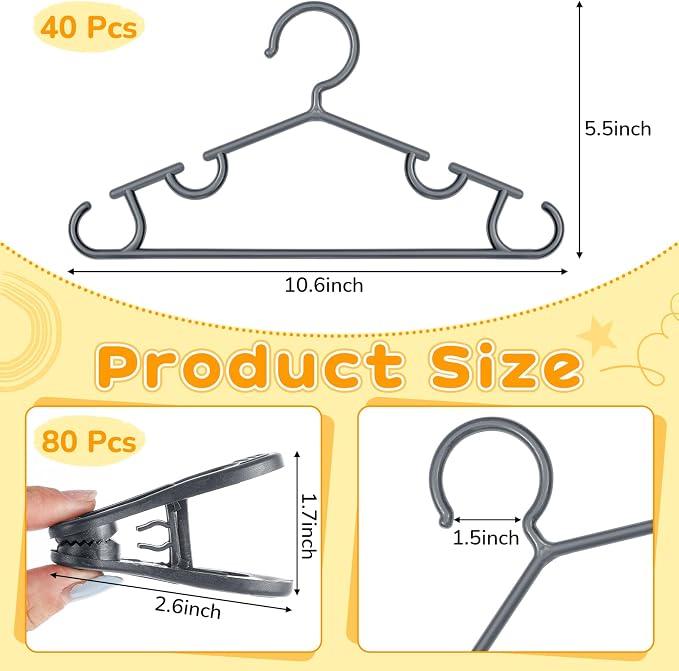 Hsei Baby Hanger with Clip for Pant,120 Packs Total,Gray,10.6 Inch | 40 Kids Plastic Hanger with 80 Clips for Newborn, Nursery, Daycare, Preschool, Closet, Wardrobe Organizer for Baby Shower - Image 2