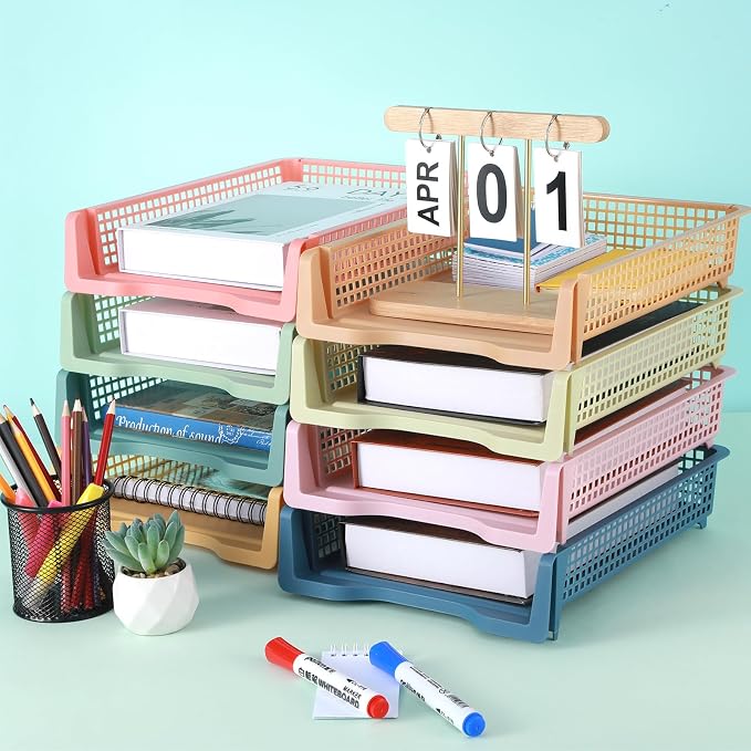 16 Pack Boho Plastic Turn in Paper Trays for Classroom Storage Bin Basket Organizers for School Teacher Supplies Classroom Office Home Organization Storage Tray Holds 4A Paper File Document - Image 4