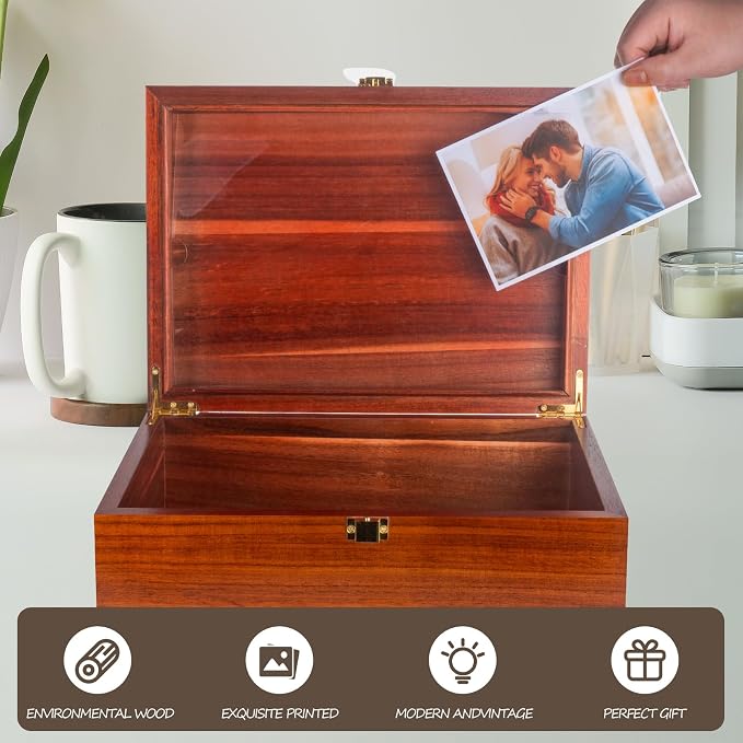 Larger Wooden Memory Keepsake Boxes With Hinged Lids and a photo frame inside the lid - Decorative Storage Box With a Hinge Lids For Picture Letter Time Capsule - 5.3“*8.6”*11.7“- Acacia - Image 2