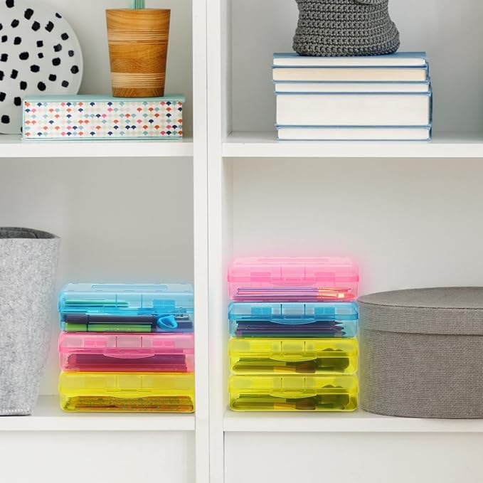 Leelosp 12 Pack Pencil Boxes Bulk, Large Plastic Case,Pink Yellow Blue | Stackable Hard Storage Box with Snap Lid for School Classroom, Desk Drawer Organizer, Crayons Markers Kids Supplies - Image 5