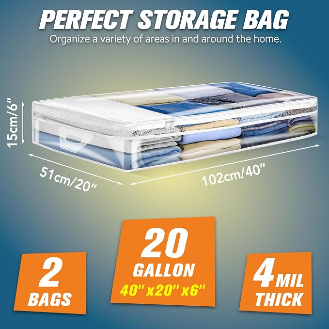 HIBAG 20 Gallon Under Bed Storage Containers, Underbed Clothing Storage Bins, Clear Plastic Organizer with Reinforced Handles, for Clothes Comforters Blankets Towels Pillows Bedding (2 Pack) - Image 2