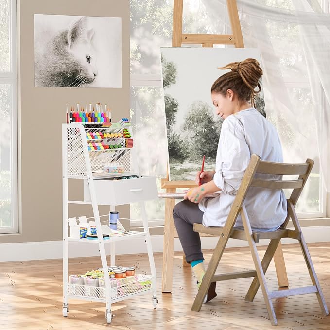 3 Tier Rolling Cart - Metal Utility Cart with Storage Drawer and Wheels, Versatile Art & Craft Organizer for Home, Office, or Studio - Ideal for Storing Brushes, Paints, and Supplies（White） - Image 2