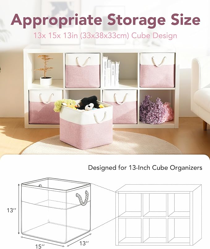 13x15x13 Inch Large Storage Bins with Cotton Rope Handles 6-Pack | Foldable, Top support of metal frame, Bottom with Cardboard Support, Fabric Cube Storage Bins for Closet, White Pink - Image 2