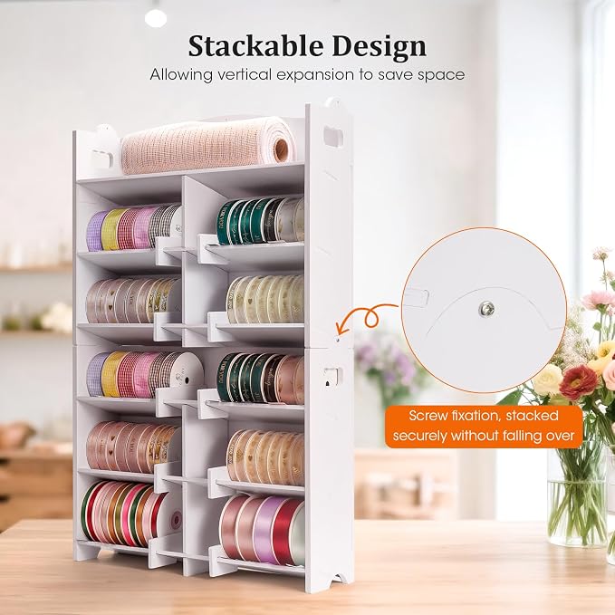 Krafetto Stackable Ribbon Organizer for Spools up to 4 Inches | Desktop and Wall-Mount Storage Keeps Small Ribbon Rolls Visible and Organized - Image 3