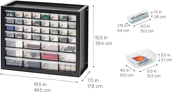 IRIS USA 44 Drawer Parts and Hardware Cabinet + 13" x 6" x 5" Large Plastic Open Front Stackable Storage Bin, 8-Pack, Stackable Craft Supplies, Black - Image 3