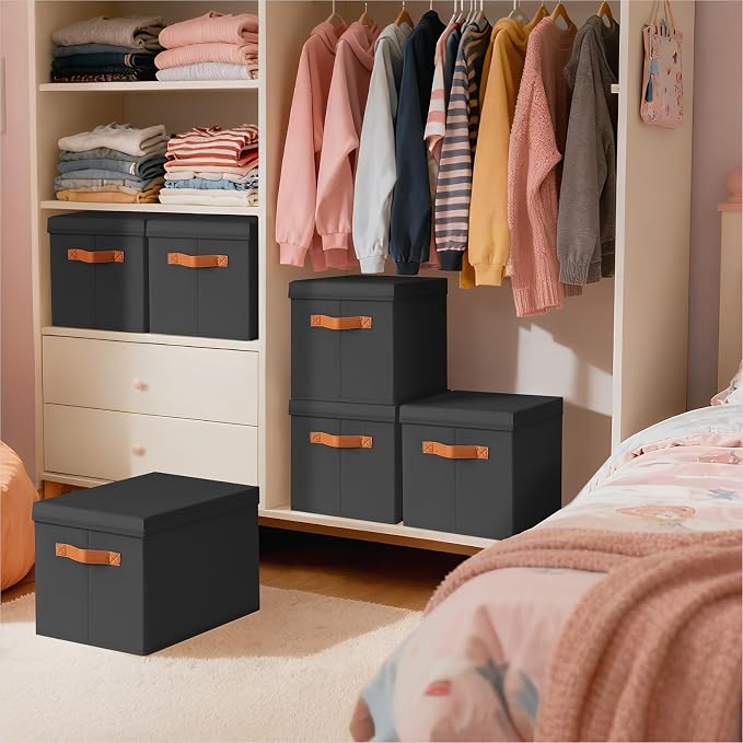 Storage Bins with Lids - Large Fabric Closet Bins with Lid, 6 Pack Clothes Organizers and Storage, Collapsible Stackable Cube Basket for Home, Office, Dorm, Black - Image 5