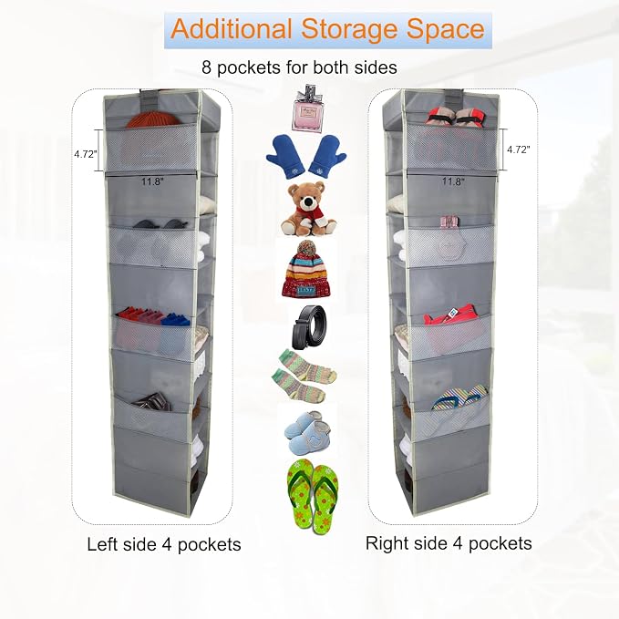 Large-Sized Hanging Shoe Organizer 10-Shelf, Sturdy Hanging Closet Organizer with 8 Side Pockets, Wider Hanging Shelves for Storage Shoes Clothes Jeans Shirts Toys, Grey - Image 4