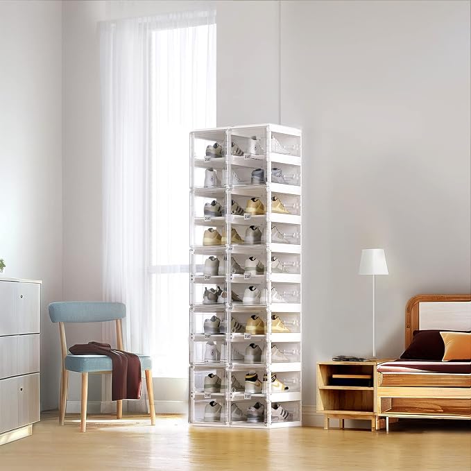 ANTBOX Foldable Shoe Rack,Shoe Organizers for Closet Plastic Shoe Storage Box Space Saving for Entryway, Large Sturdy Stackable Sneaker Cabinet Bins with Magnetic Clear Door 8 Tiers 16 Pairs - Image 5