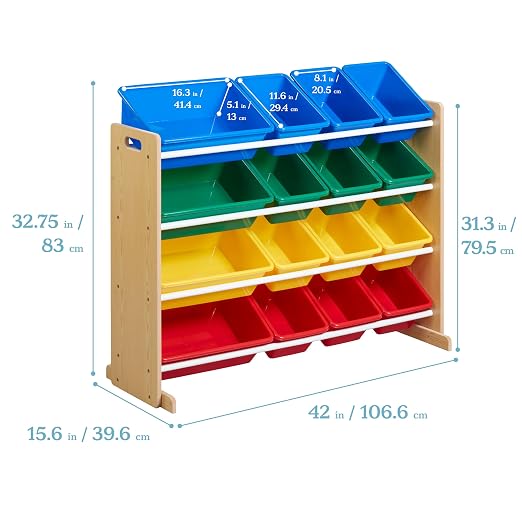 ECR4Kids 4-Tier Organizer with 16 Bins, Toy Storage, Natural/Primary | Durable plastic bins, MDF panels, steel frame, GREENGUARD Gold Certified, 60 lb capacity, anti-tip kit, playroom/classroom - Image 3