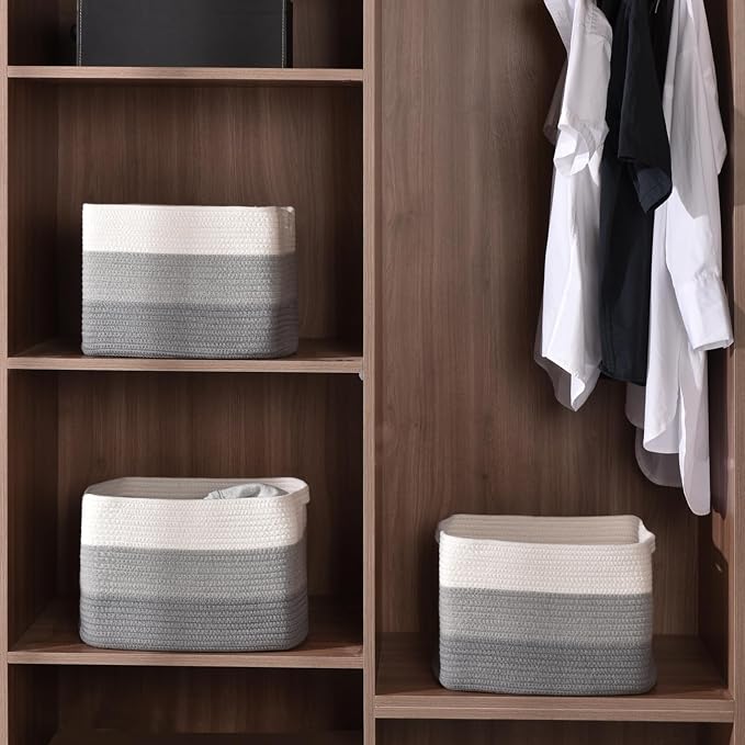 ICERZCZ Storage Baskets for Organizing Shelves, Woven Cotton Rope Baskets for Storage Books Towels Toys, Organizing Baskets, Toy Basket for Nursery Bathroom, 15"x11"x9.5", 3 Packs, Gradient Grey - Image 2