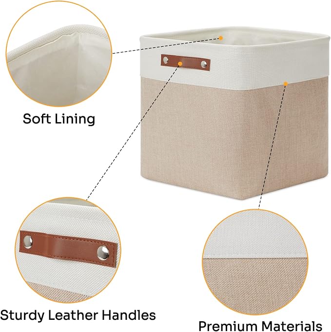 DULLEMELO Fabric Storage Cubes,13 inch Cube Stroage Bins for Empty Gift Basket,Toy Nursery Storage Linen Closet Organizers and Storage Baskets Shelves Bins(White&Khaki) - Image 4