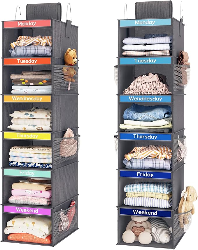 Fixwal Weekly Kids Clothes Organizer 2 Pack 6-Shelf Hanging Storage | Nonwoven Fabric, 6 Daily Shelves, 6 Mesh Side Pockets, 2 Metal Hooks, Foldable Design, for Kids Outfits and Accessories by Fixwal