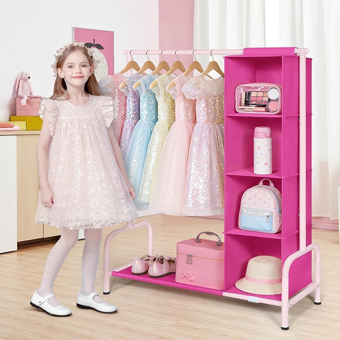 Univivi Kids Clothing Rack with Hanging Organizer, Rose Red and Pink | Toddler Dress Up Storage with Bottom Shelf, Sturdy Metal Dress Up Rack, Toddler Wardrobe Rack for Nursery, Playroom, Bedroom - Image 2