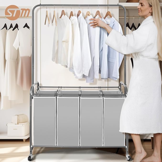 STORAGE MANIAC Laundry Sorter with Hanging Bar, Portable, Removable Laundry Hamper Cart with Heavy Duty Lockable Wheels and Removable Bags, Rolling Laundry Basket Organizer 181L, 4 Section Gray - Image 8