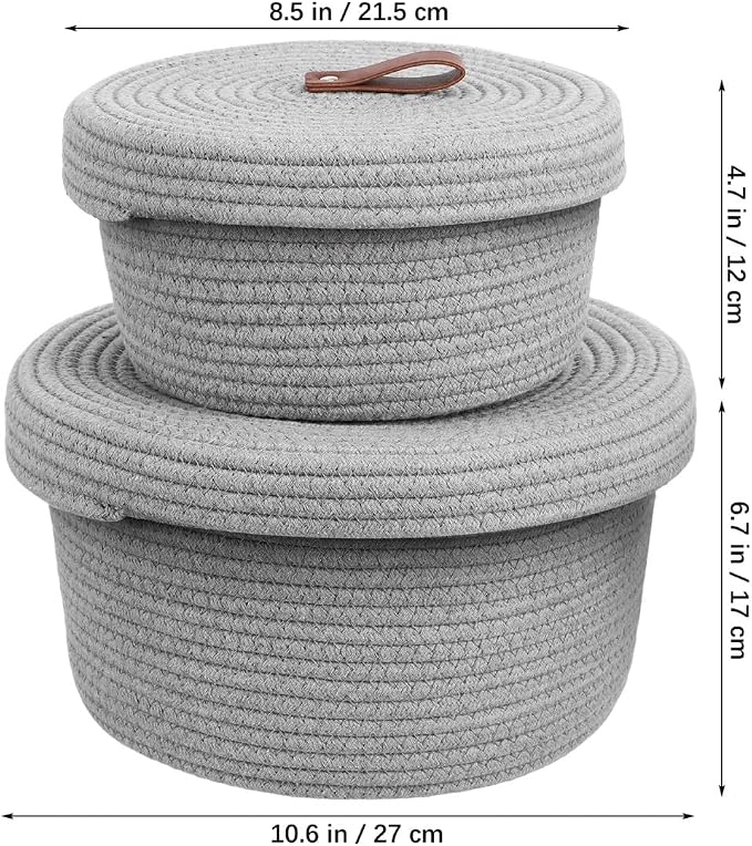 Cabilock Rope Storage Basket Set with Lid Woven Cotton Rope Organizer Baskets for Nursery Home Office and Laundry Includes Large 10.62In and Small Storage Bins for Shelf and Closet Organization - Image 2